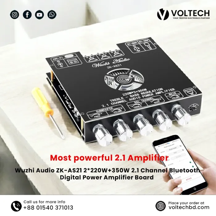 Wuzhi Audio ZK-AS21 2*220W+350W 2.1 Channel Bluetooth Digital Power Amplifier Board (Official)– Available Only at Voltech Electronics